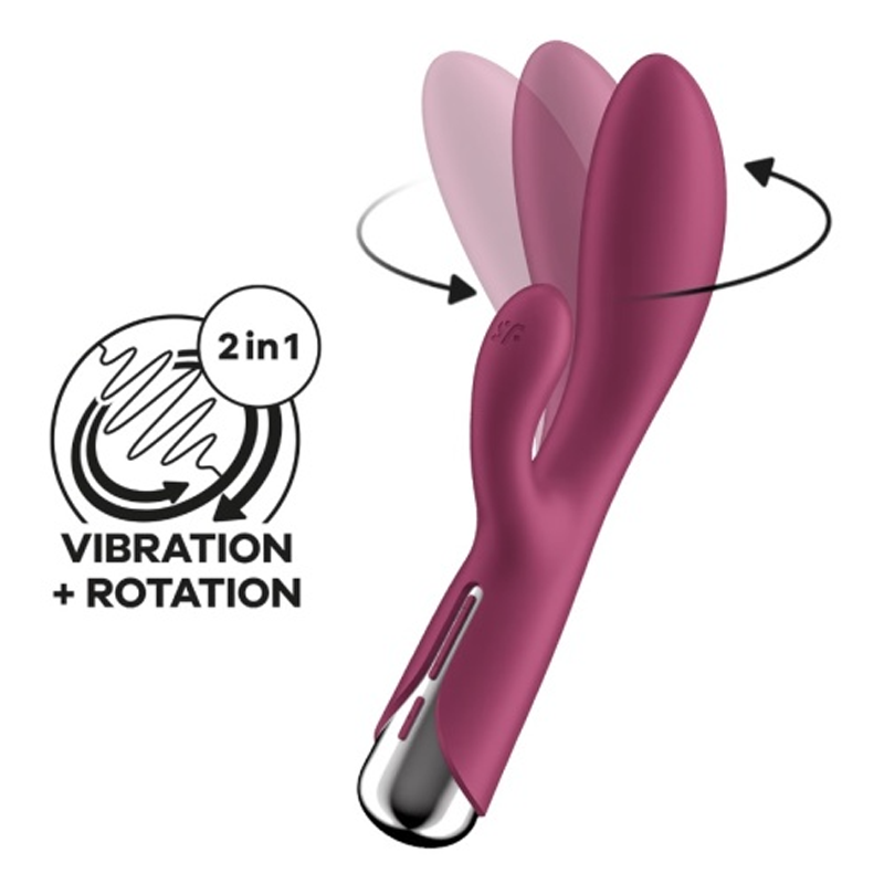 A pink rotating rabbit vibrator with a clitoral stimulator and G-spot shaft.