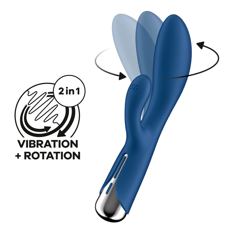 Blue rotating rabbit vibrator with vibration and rotation icons.