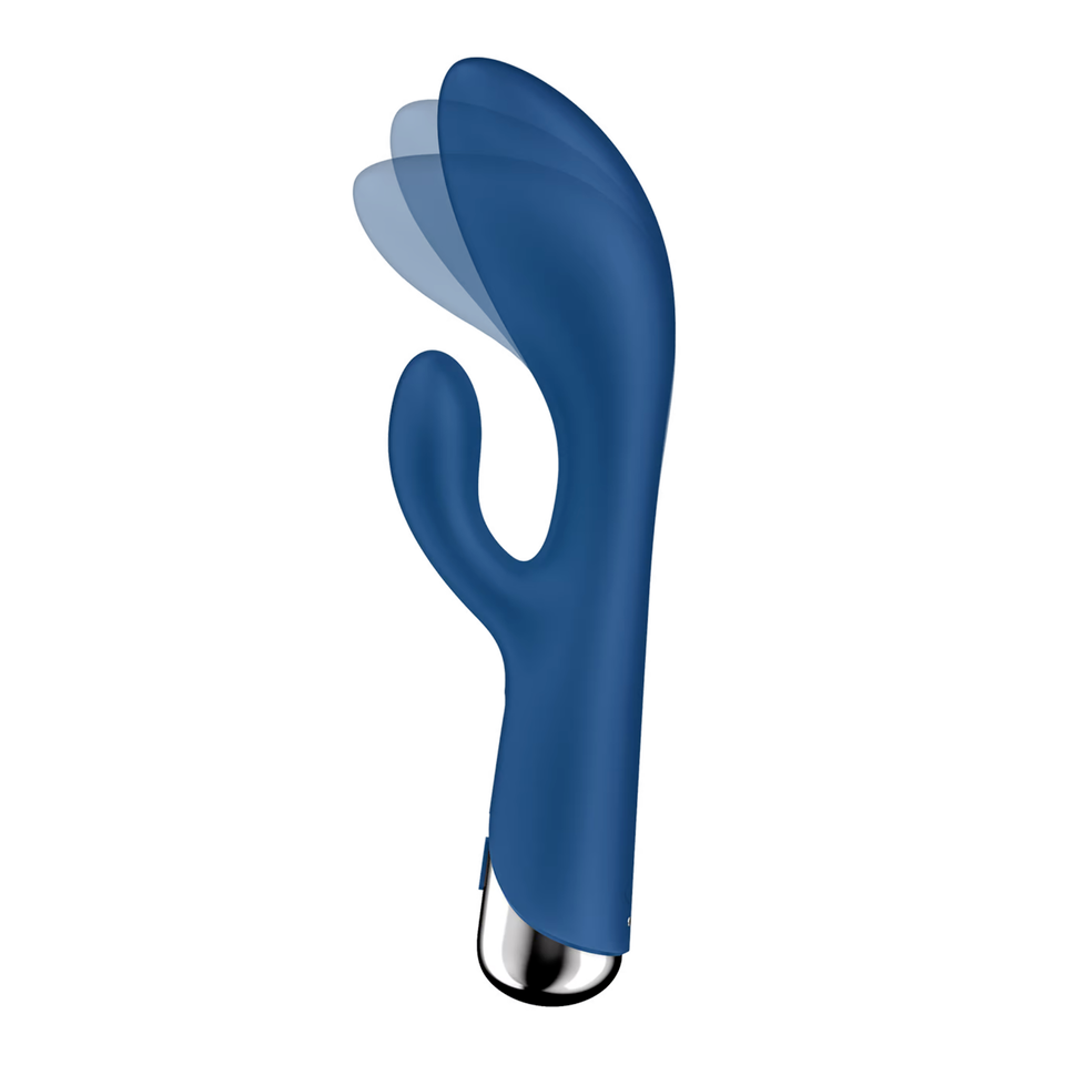 A blue rotating rabbit vibrator with a silver base.