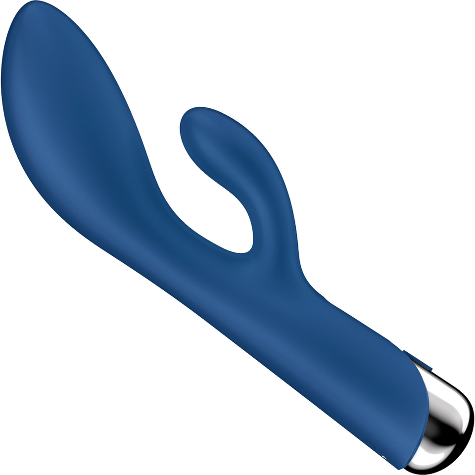 Blue rotating rabbit vibrator with a silver tip.