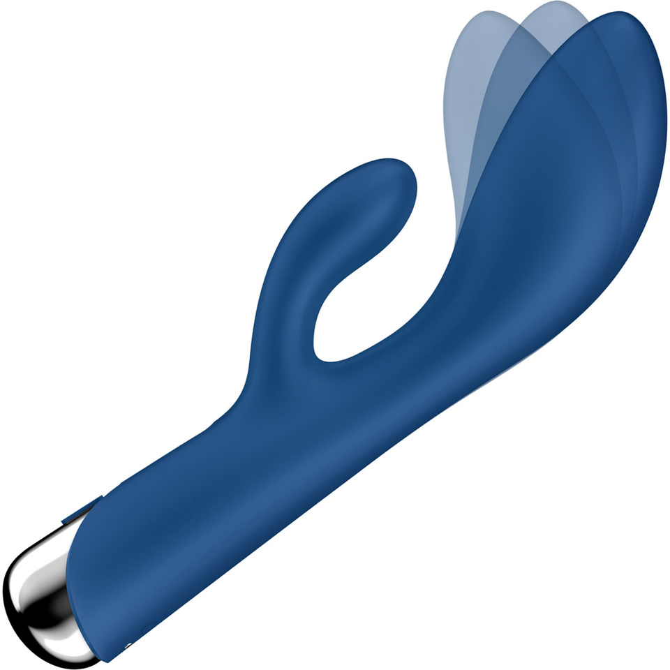 Blue rotating rabbit vibrator with a silver tip.