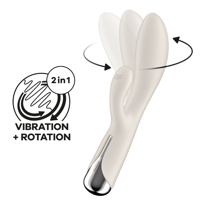 A beige spinning rabbit vibrator with vibration and rotation icons.
