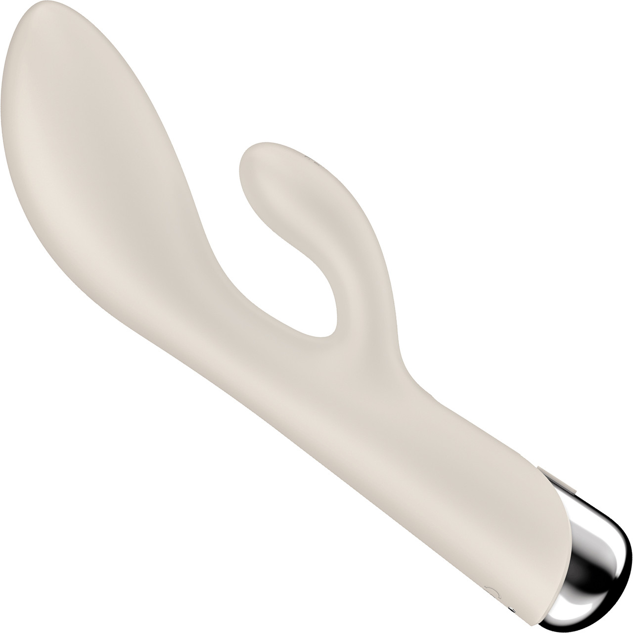 A beige vibrator with a curved shape and a silver tip.