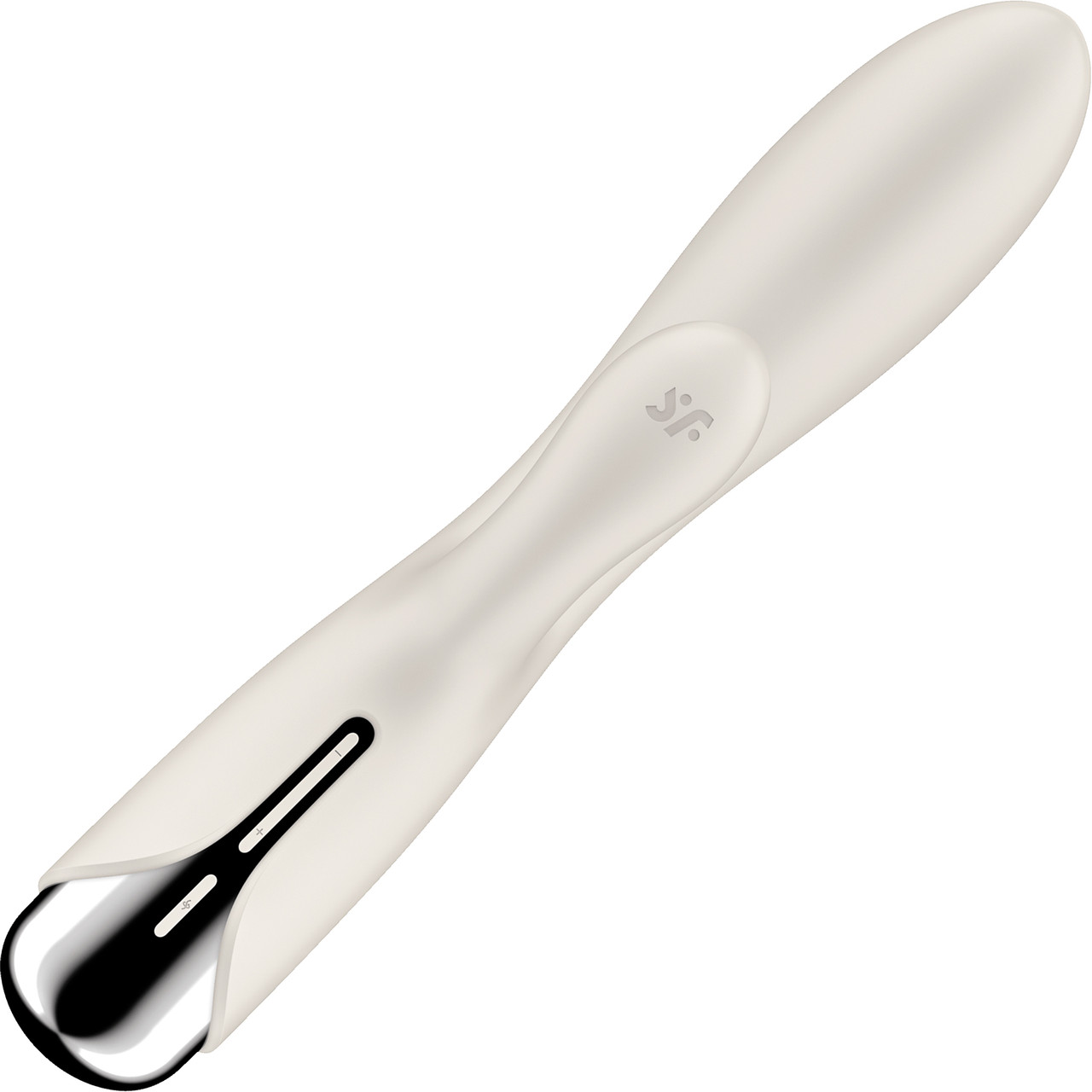 Beige Satisfyer vibrator with a metallic tip and control panel.