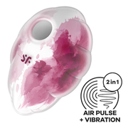 Satisfyer Cloud Dancer vibrator with pink watercolor design and "2 in 1 Air Pulse + Vibration" icon.