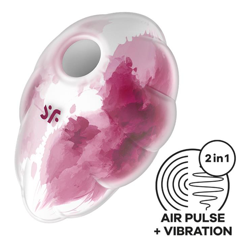 Satisfyer Cloud Dancer vibrator with pink watercolor design and "2 in 1 Air Pulse + Vibration" icon.