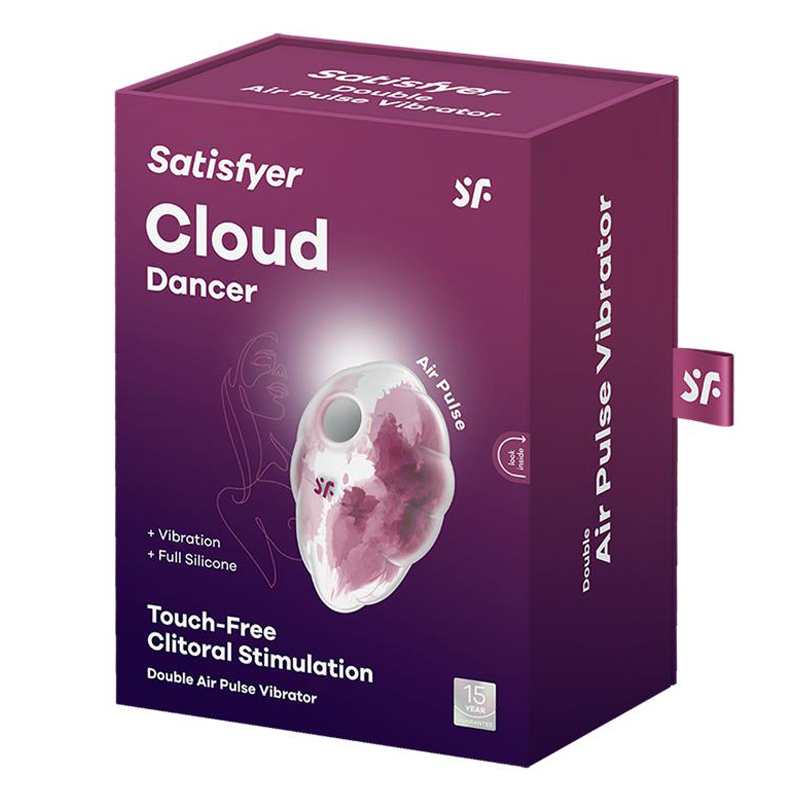 Satisfyer Cloud Dancer double air pulse vibrator on a purple box.