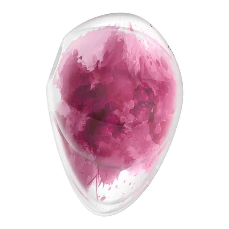 A clear, egg-shaped vibrator with pink watercolor-like patterns inside.
