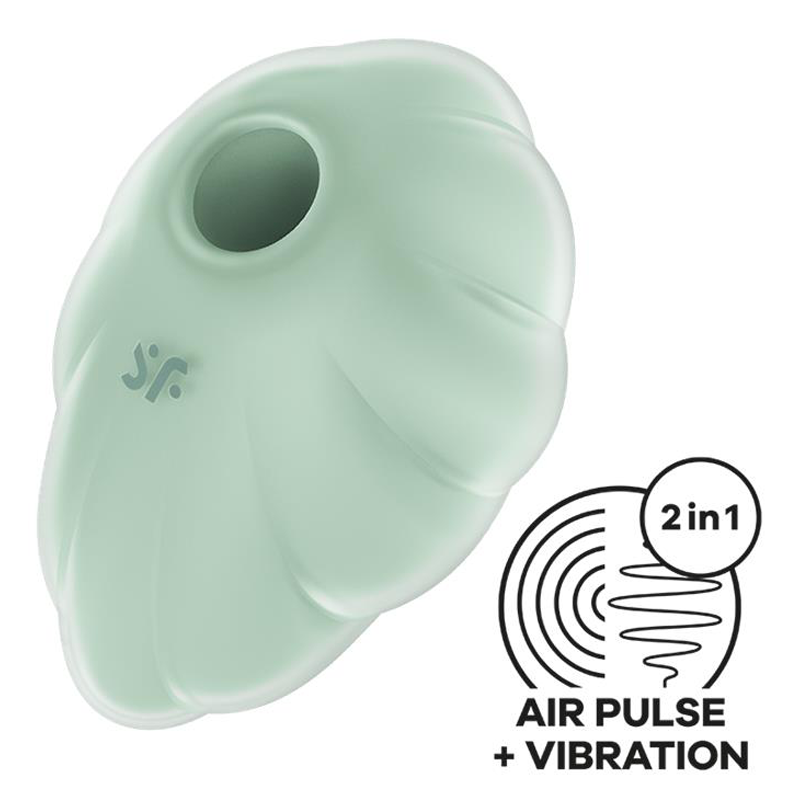 A light green silicone clitoral vibrator with "JS" logo and "2 in 1 Air Pulse + Vibration" icon.