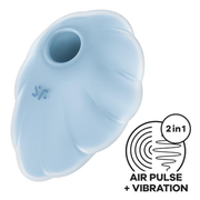 A light blue, cloud-shaped clitoral vibrator with air pulse and vibration technology.