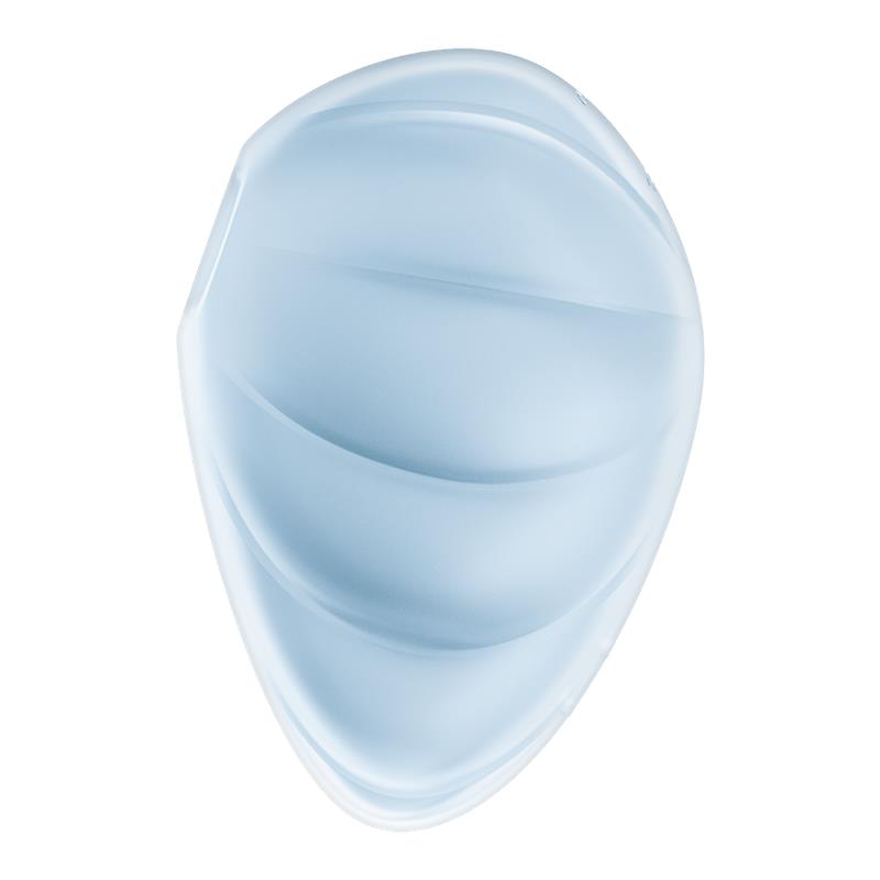 A light blue, oval-shaped silicone clitoral vibrator with textured waves.