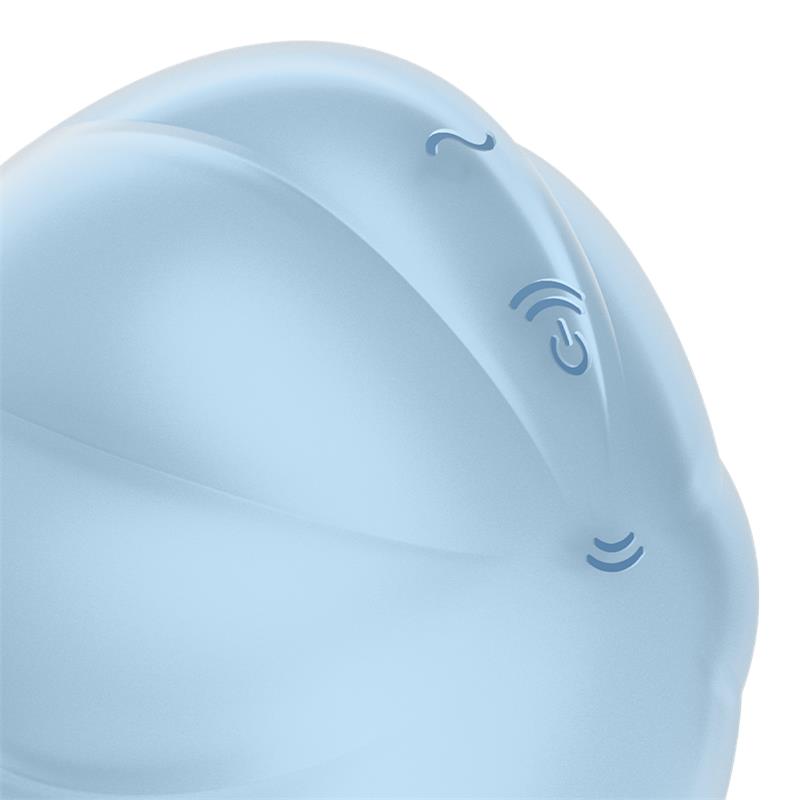 A light blue silicone clitoral vibrator with embossed symbols.