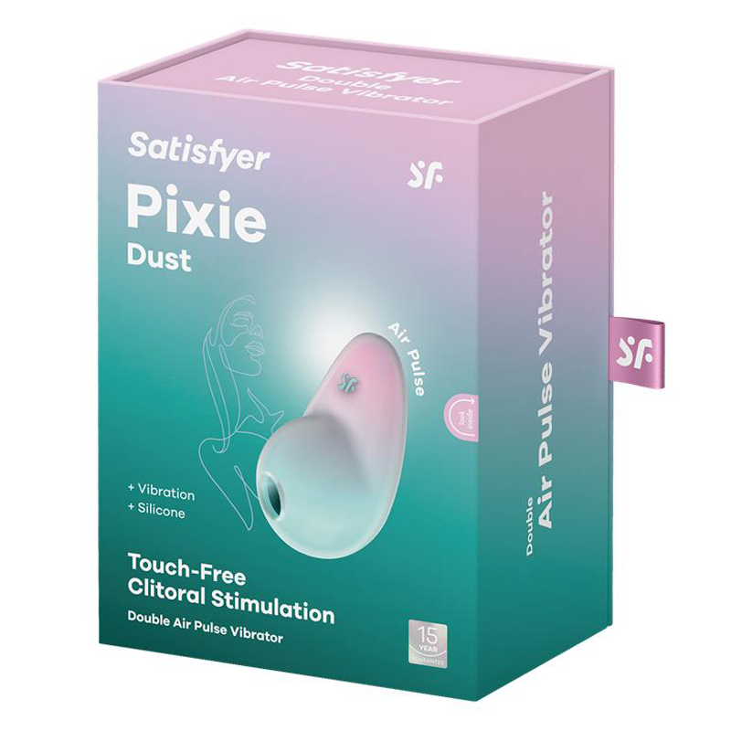 Satisfyer Pixie Dust waterproof air pulse vibrator in mint and pink.
