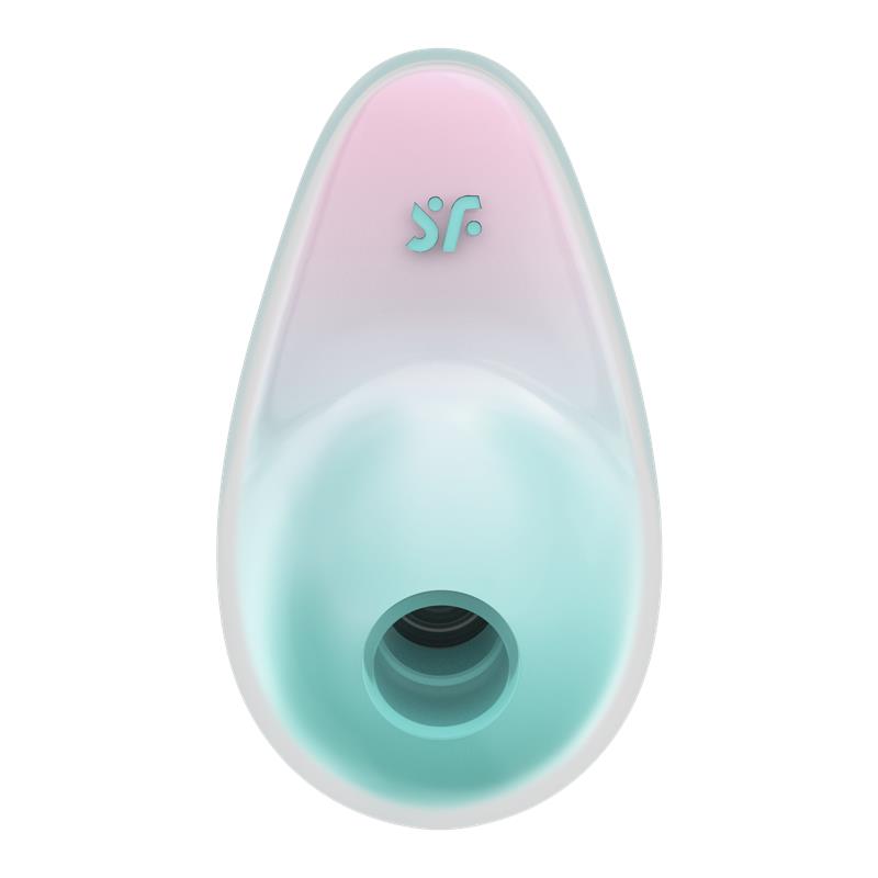 Mint and pink teardrop-shaped vibrator with a circular opening.