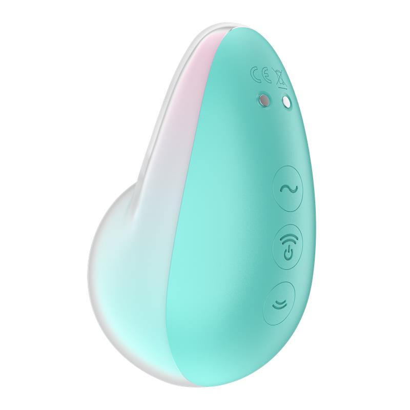 Mint and pink waterproof air pulse vibrator with buttons.