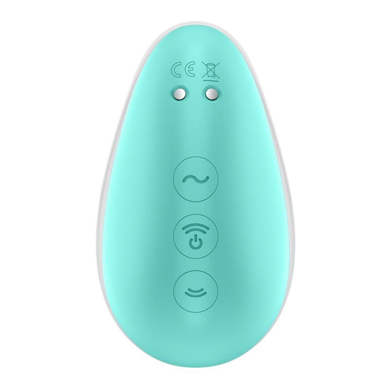 Mint green vibrator with three buttons and CE marking.