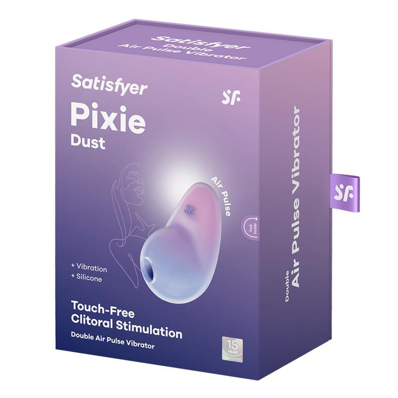 Satisfyer Pixie Dust clitoral vibrator in purple packaging with product details.