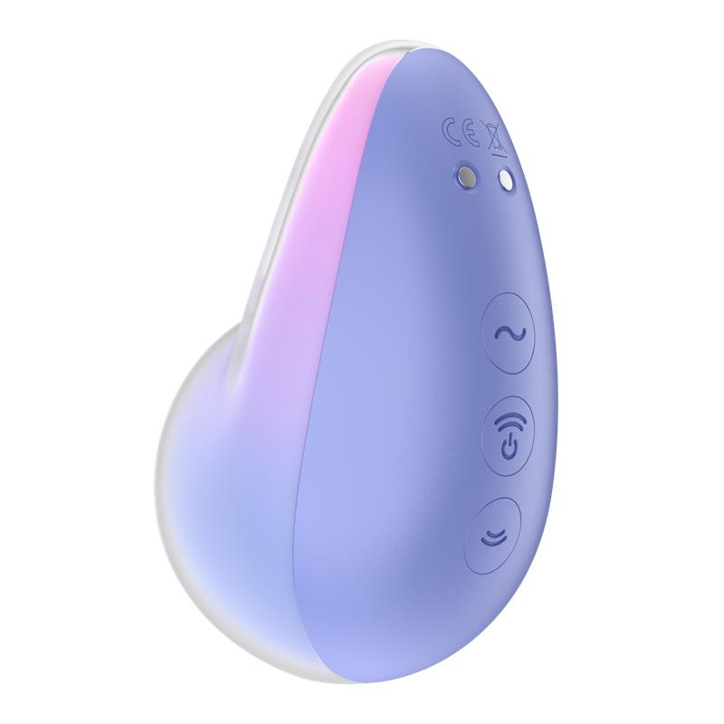A purple and pink vibrator with buttons and symbols.