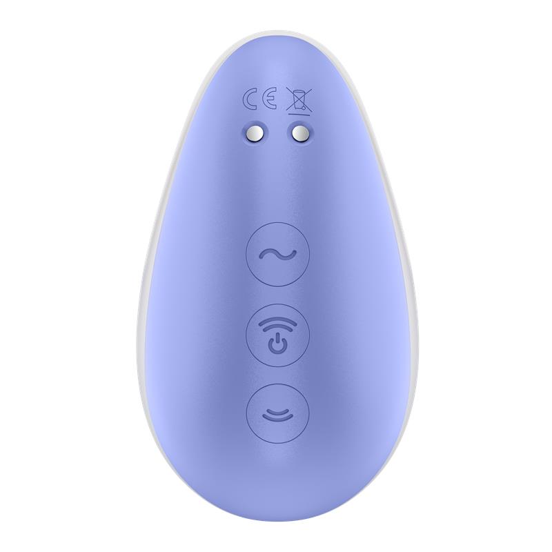 A purple clitoral vibrator with three buttons and CE marking.