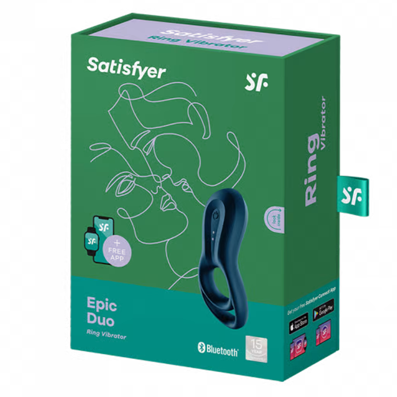 Satisfyer Epic Duo app-controlled vibrating cock ring and ball loop in blue.