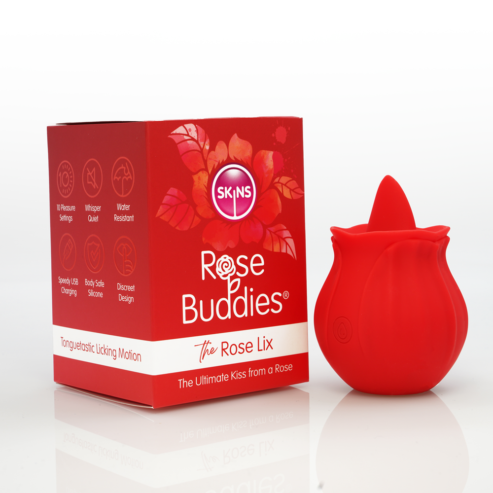 Red rose-shaped silicone vibrator with "Rose Buddies" branding.