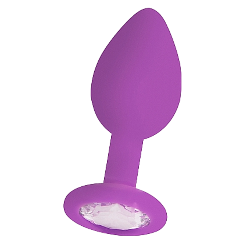 Purple silicone butt plug with a diamond-shaped tip and a flared base.