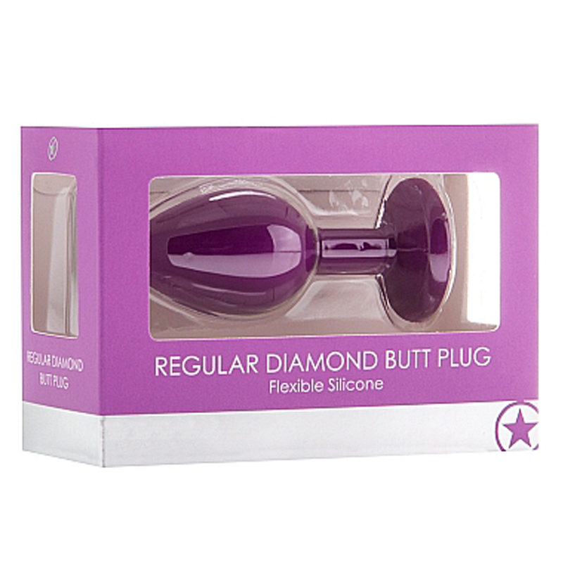 Purple silicone diamond butt plug in packaging.