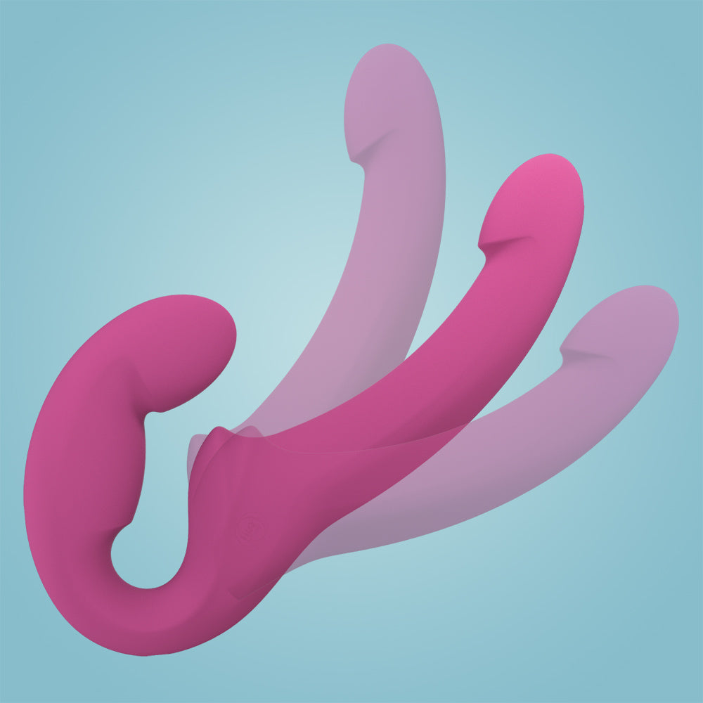 A pink double-ended G-spot dildo with a curved handle.