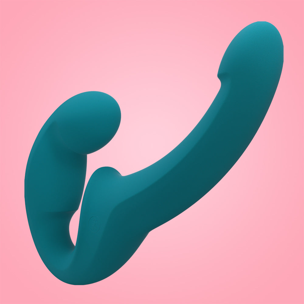 Teal double G-spot dildo with a curved shape.