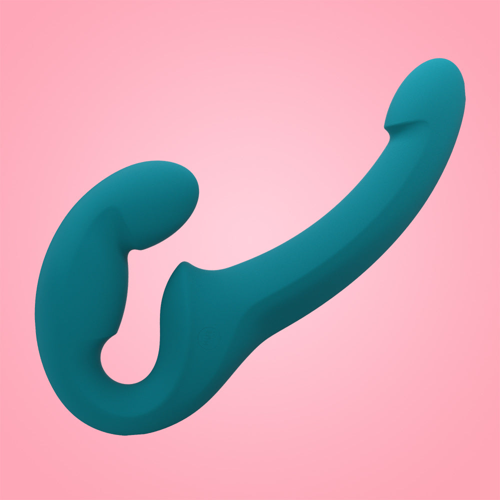 Teal double G-spot dildo with a curved shape and an erect tip.