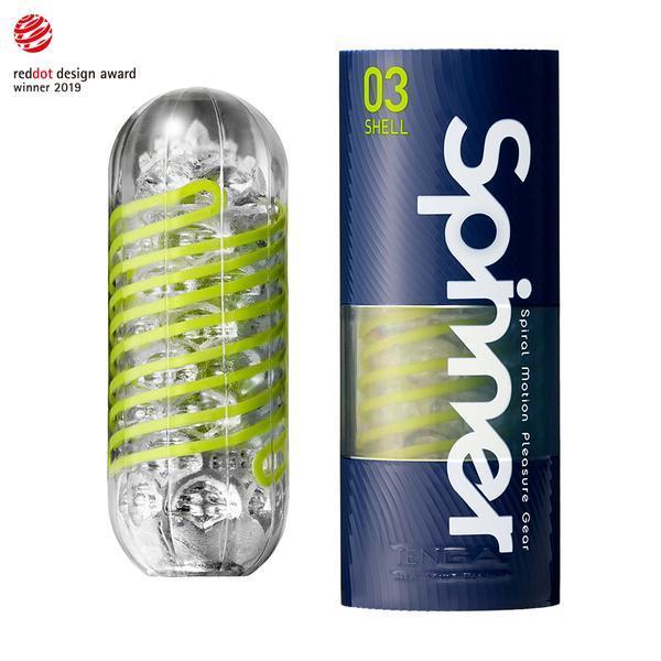 Tenga Spinner 03 Shell reusable spiral male masturbator with a clear textured sleeve.