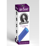 A blue ribbed silicone stroker sleeve on a product box.