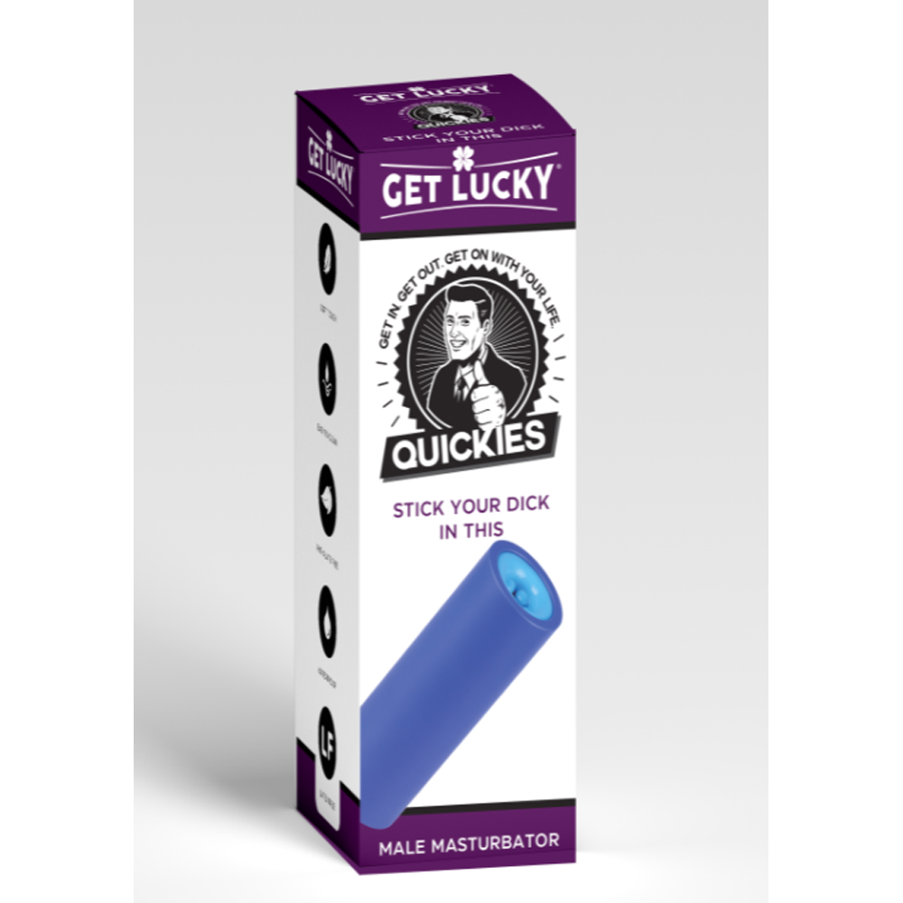 A blue ribbed silicone stroker sleeve on a product box.