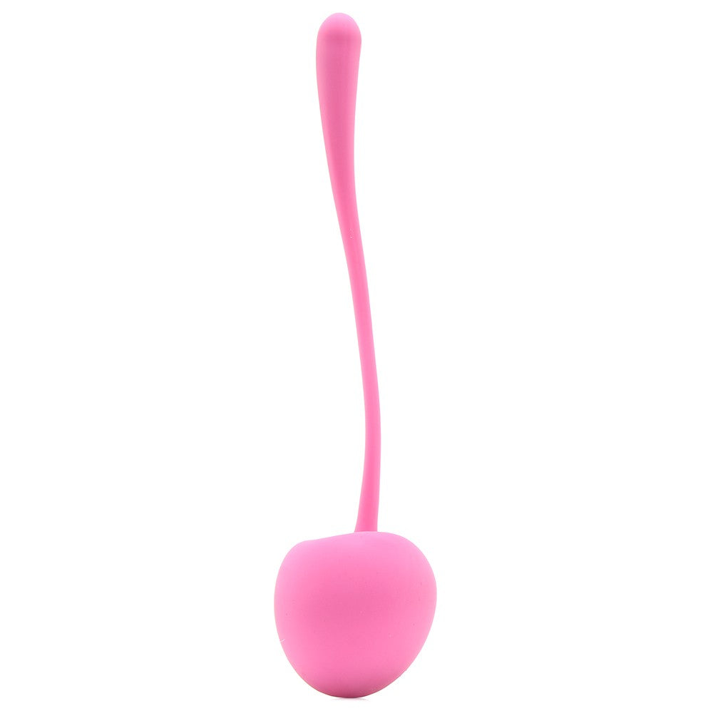 Pink cherry-shaped Kegel balls with a flexible stem.