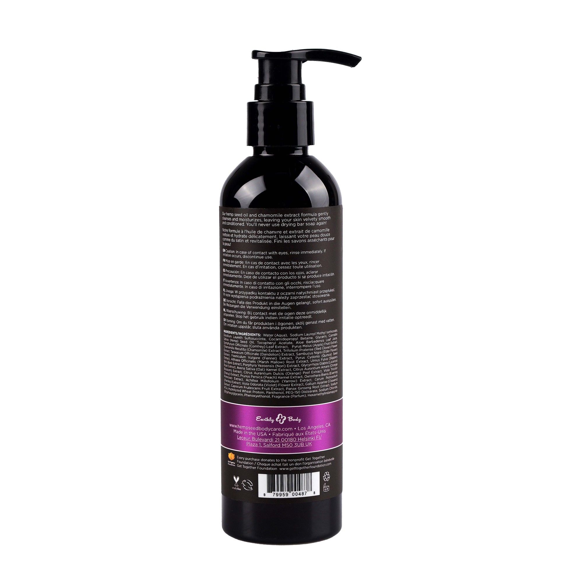 A black pump bottle of Earthly Body Skinny Dip Hemp Seed Bath & Shower Gel.