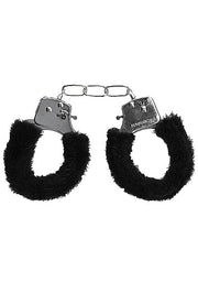 Black furry metal handcuffs with a chain.