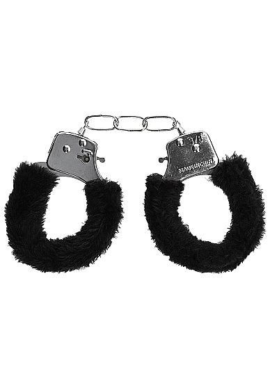 Black furry metal handcuffs with a chain.