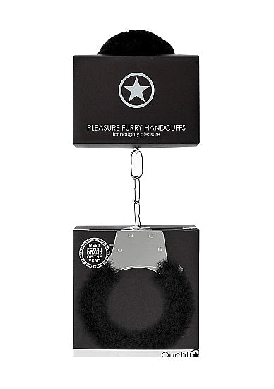 Black furry metal handcuffs with a quick release mechanism.
