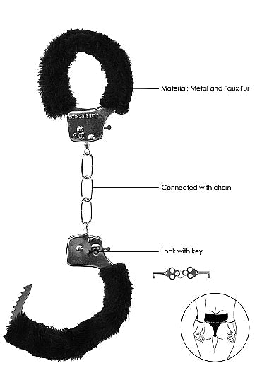 Black furry metal handcuffs connected by a chain with a lock and key.