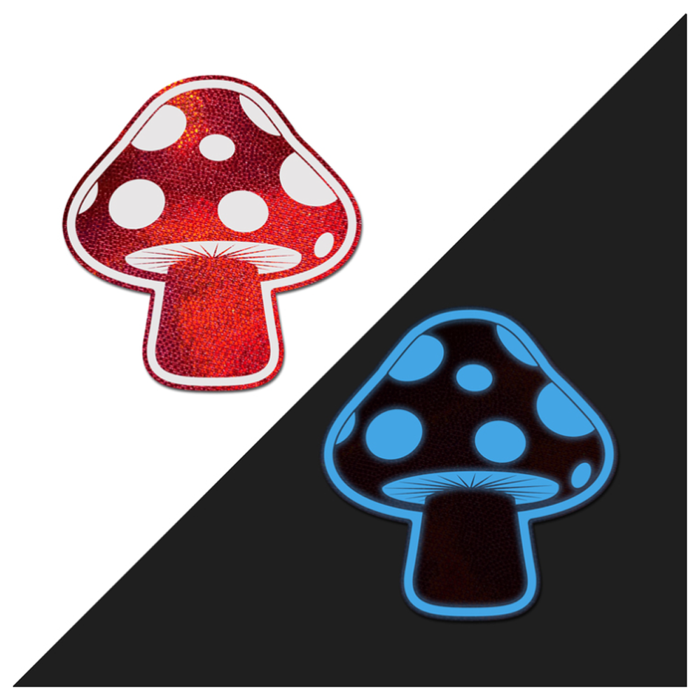 Red and white glow-in-the-dark mushroom nipple pasties.
