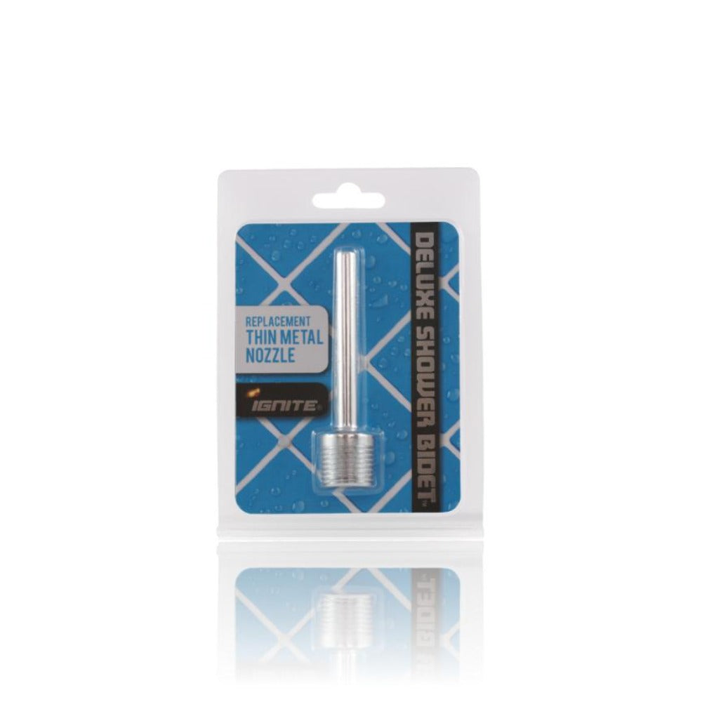 Thin metal replacement nozzle for a bidet accessory.