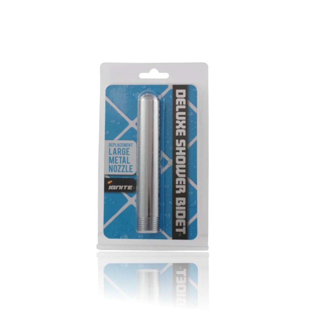 Large metal replacement nozzle for Ignite bidet in packaging.
