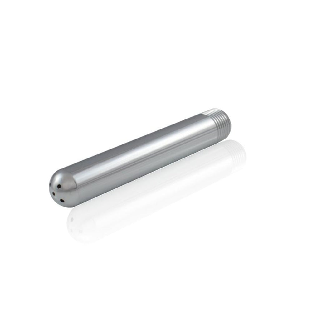 Large metal replacement nozzle with multiple holes on one end and threaded on the other.