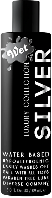 Wet Silver water-based lubricant with hypoallergenic properties.