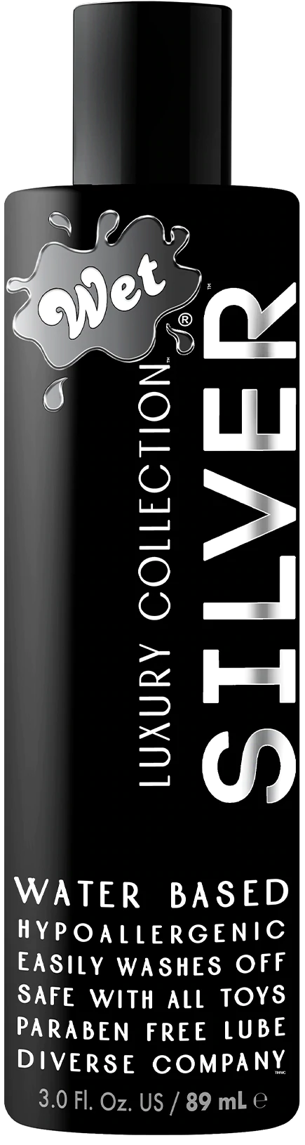 Wet Silver water-based lubricant with hypoallergenic properties.