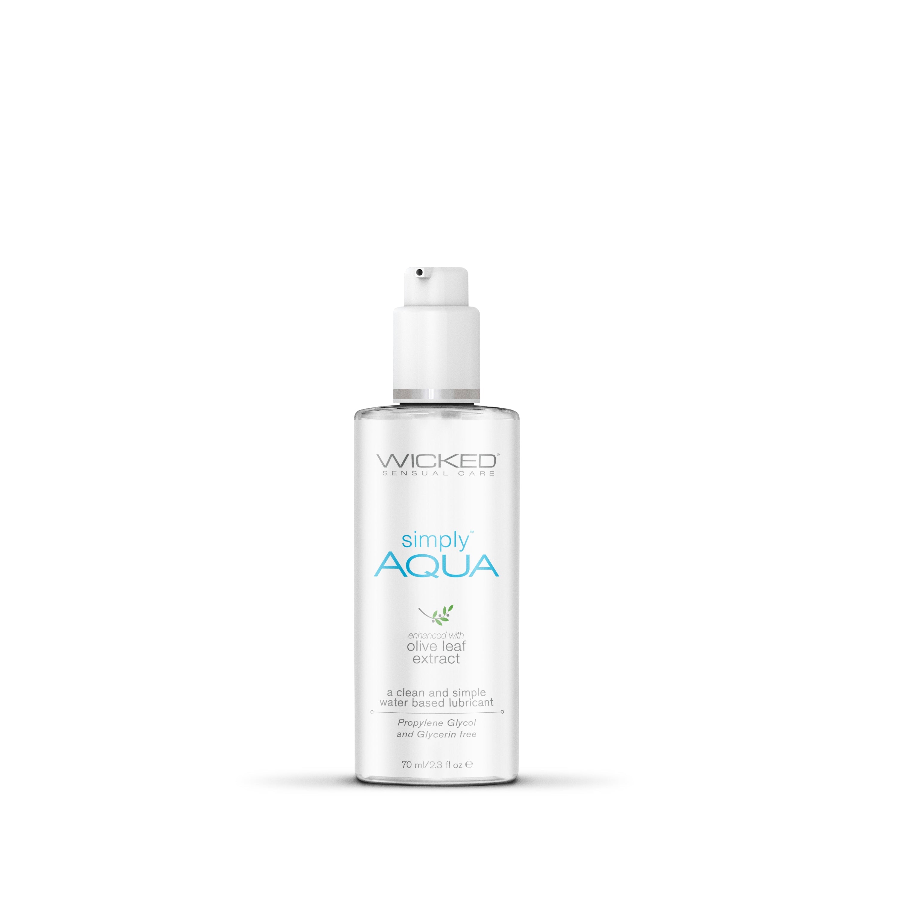 A bottle of Wicked Simply Aqua water-based lubricant with olive leaf extract.