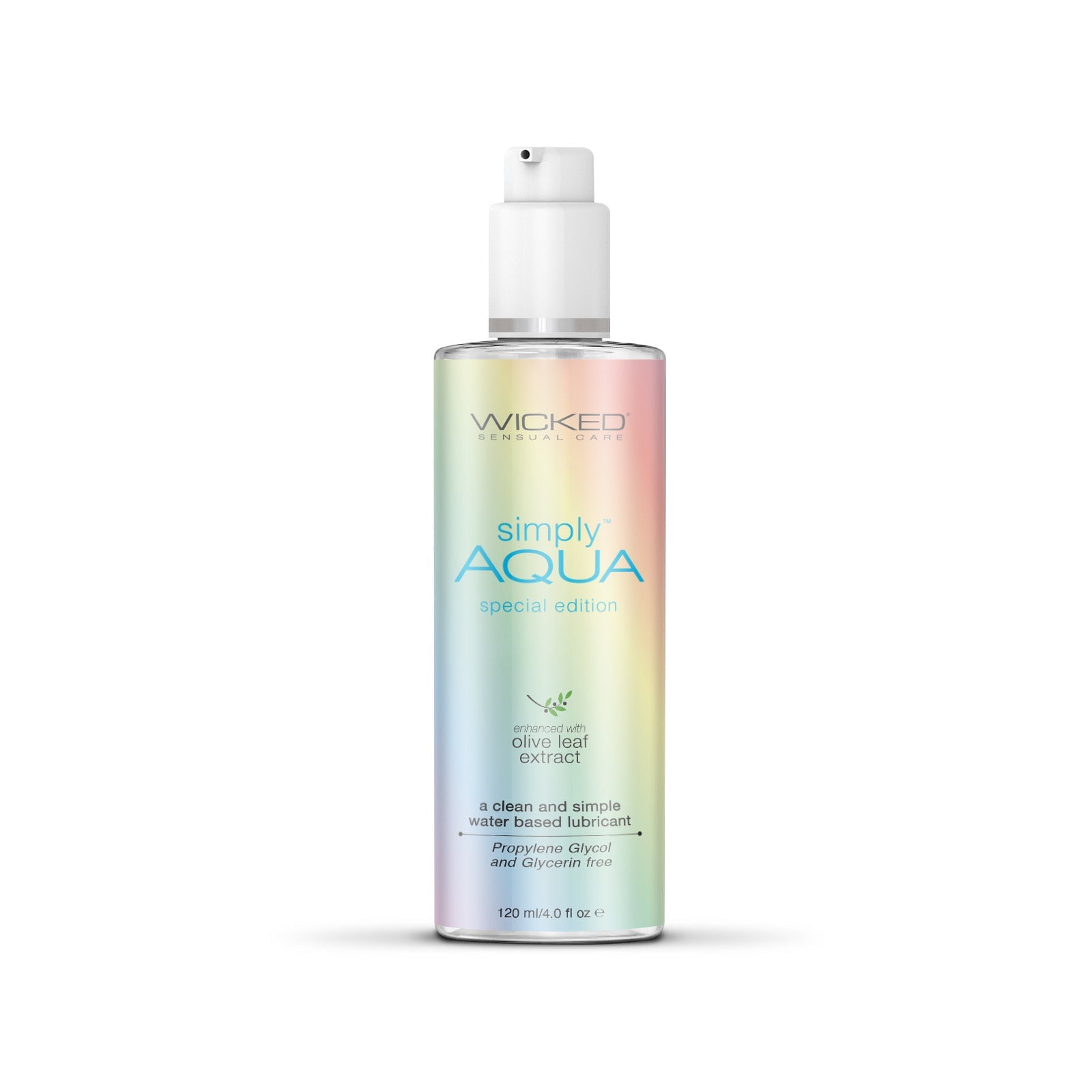 Wicked Simply Aqua Special Edition water-based lubricant in a clear bottle with a pump.