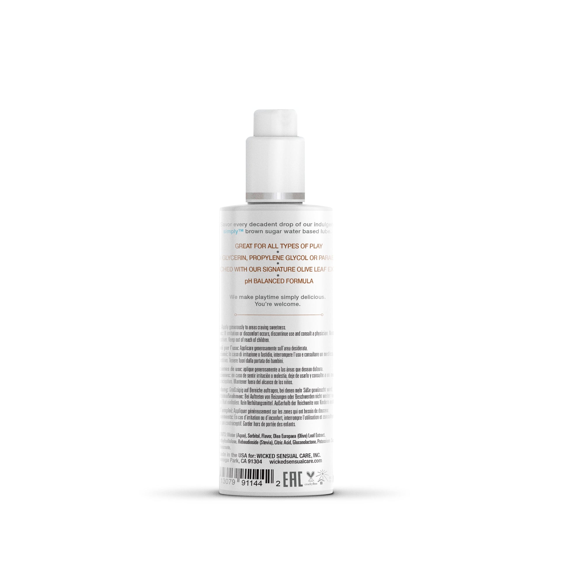 A white bottle of brown sugar flavored water-based lube with text detailing ingredients and usage.