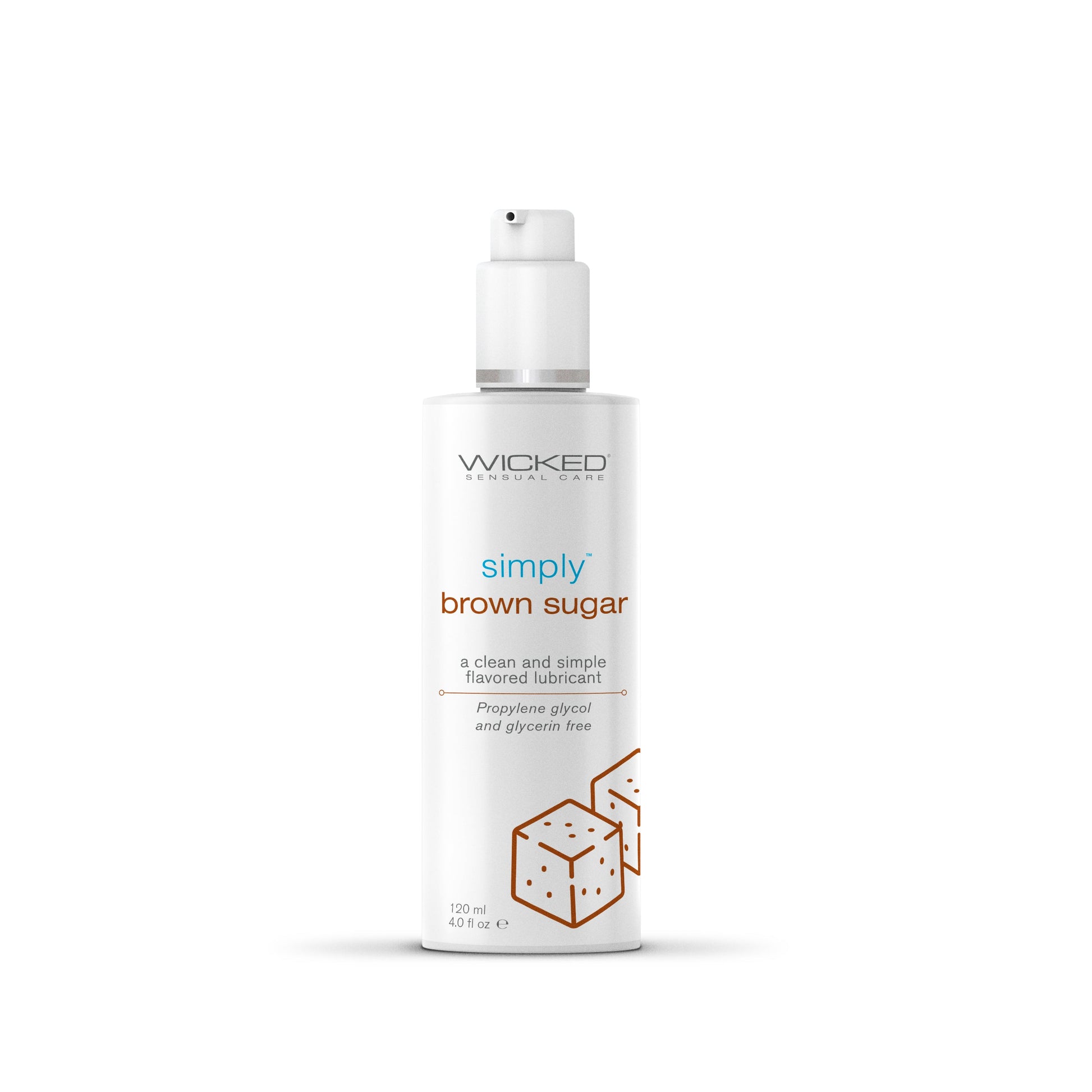 A white pump bottle of Wicked Simply Brown Sugar flavored water-based lubricant.