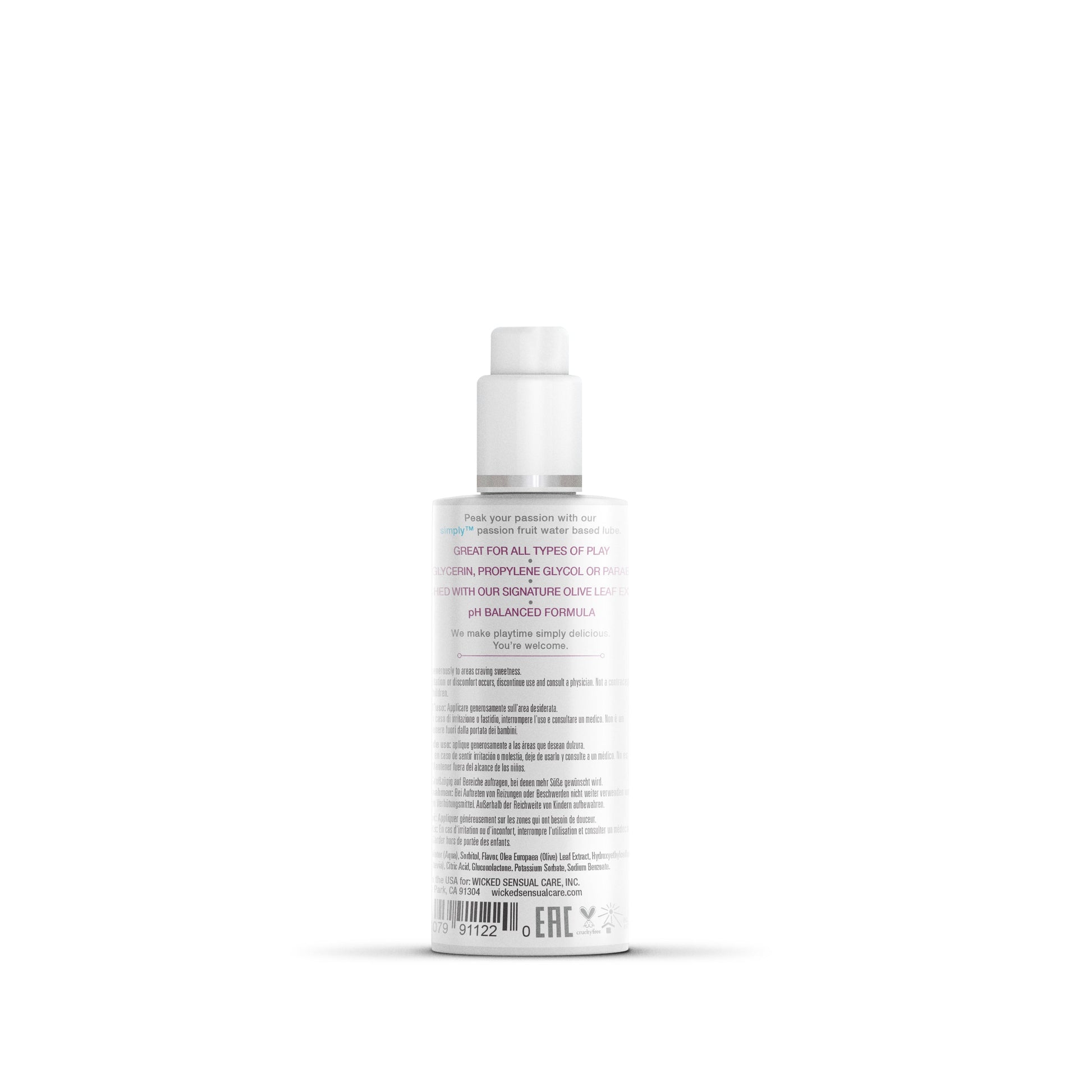 A bottle of Wicked Sensual Care Passion Fruit Water Based Flavored Lube.